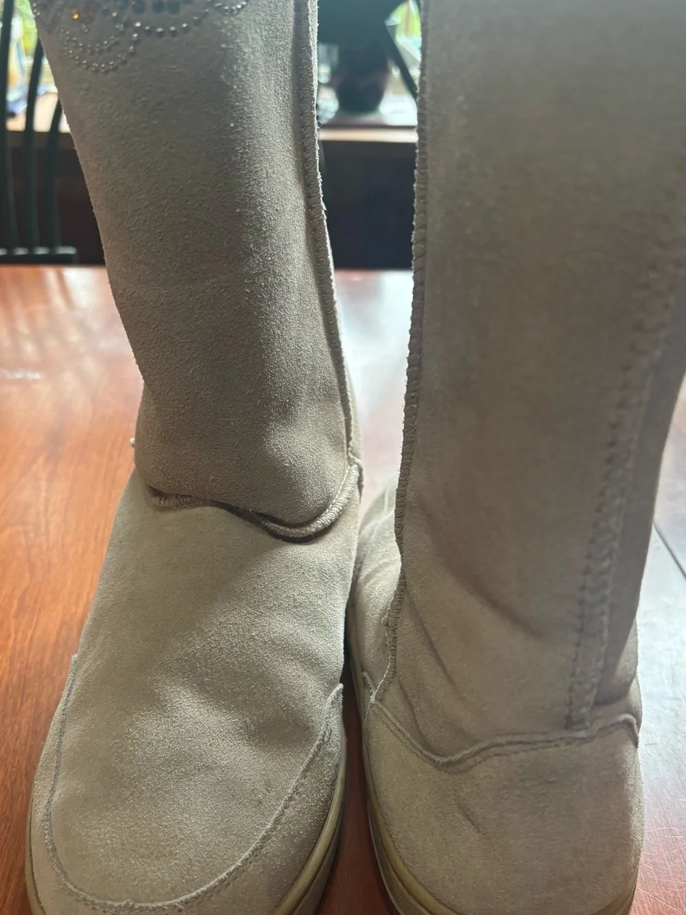Women's Beige Suede Winter Boots with Crystal Trim